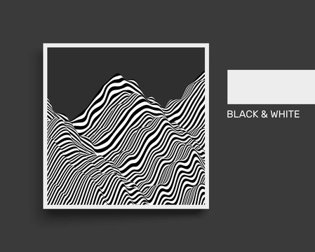 Landscape background. Terrain. Black and white background. Pattern with optical illusion. Cover design template. 3D Vector illustration.