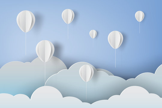 Landscape of White balloons fly on air blue sky background.Creative paper cut and craft minimal style.Graphic Holiday wallpaper.Summer Cloudscape outdoor.Vacation travel life.vector illustration EPS10