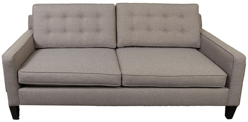 mid-century gray sofa against white background