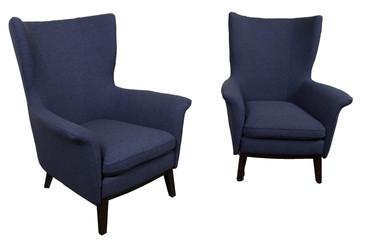 pair of blue contemporary wingback chairs