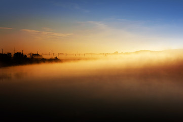 Summer landscape, fog on river