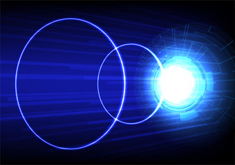 Two circles and blue futuristic light on dark blue background