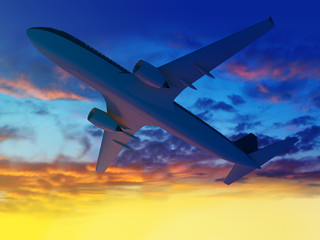 3d illustration of airplane flying in sunset sky.