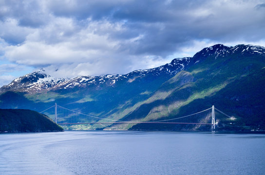 Hardanger Bridge across the Eidfjorden branch of Hardangerfjorden in Hordaland county, Norway. The main span is one of the longest suspension bridge spans in the world (1,310 meters).