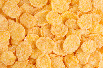 Golden corn flakes closeup. Cereals texture.