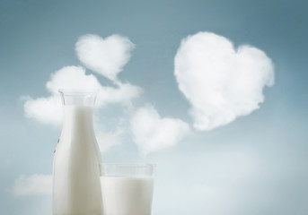 Glass of Milk and Bottles, Sky Background, Heart, Clouds