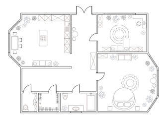 Abstract vector plan of one-bedroom apartment