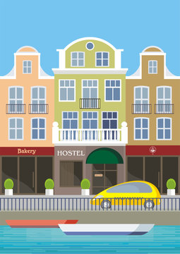 Image of the street of the European city. Old houses on the bank of the channel. Vector illustration.