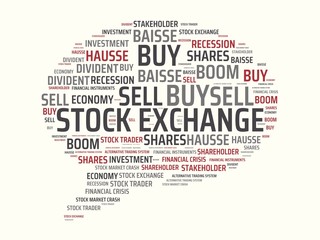 STOCK EXCHANGE - image with words associated with the topic STOCK EXCHANGE, word cloud, cube, letter, image, illustration
