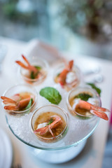 Selective focus on Spicy Prawn or Shrimp steamed with lemon salads and mint on top, Thai Food
