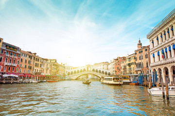 Fototapeta na wymiar A magical landscape with gondola on the Grand Canal on a sunny day in Venice, Italy, Europe. (Romantic travel, honeymoon - concept)