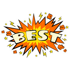 Cartoon comic best bubbles labels with text and elements with halftone shadows, retro cartoon vector pop art illustration, halftone dot vintage effect background.