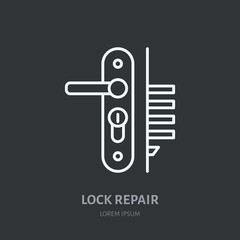 Door locks, handle installation logo, repair flat line icon. Lock cylinder replacement, core fixing thin linear sign for handyman service.
