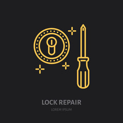 Door locks installation logo, repair flat line icon. Lock cylinder replacement, core fixing thin linear sign for handyman service.