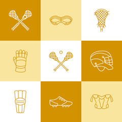 Lacrosse sport game vector line icons. Ball, stick, helmet, gloves, girls goggles. Linear signs set, championship pictograms with editable stroke for event, equipment store.