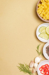 Ingredients for cooking Italian pasta - top view