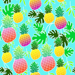 Seamless pattern of pineapple on a turquoise background with small white flowers.