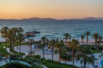 Cesme, Turkey - Ilica Beach view at sunset. Ilica Beach is popular tourist destination in Turkey.
