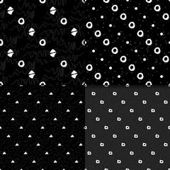 Abstract hand drawn seamless pattern set. Black and white grunge background with simple geometric shapes.