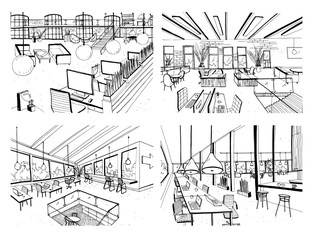 Set of hand drawn coworking. Modern office interiors, open space. workspace with computers, laptops, lighting and place for rest. Black and white horizontal vector sketch illustration.
