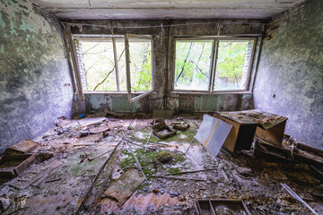 Interior of abandoned hospital in Pripyat city in Chernobyl Exclusion Zone, Ukraine