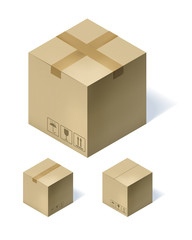 Set of three isometric cardboard boxes isolated on white background. Vector illustration