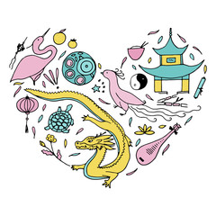 Culture of China in the form of heart. Hand drawn Chinese symbols. Vector illustration.