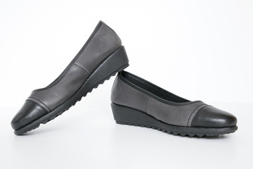 Female Black Shoe on White Background, Isolated Product, Top View, Studio.