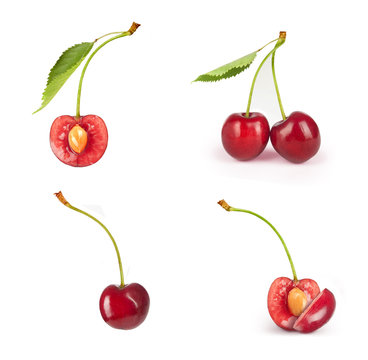 Set of cherries on white background