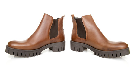 Female Brown Boot on White Background, Isolated Product, Top View, Studio.