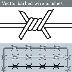 Vector barbed wire brushes. Brushes for Illustrator to draw barbed wire. Three different versions: unfilled, with white fill and in silhouette. 