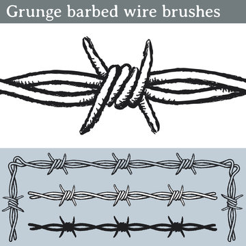 Grunge barbed wire brushes. Brushes for Illustrator to draw barbed wire with a grunge look. Three different versions: unfilled, with white fill and in silhouette.