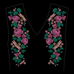Embroidered composition with roses, wildflowers, leaves and dragonfly