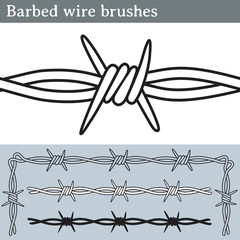 Barbed wire brushes. Brushes for Illustrator to draw barbed wire. Three different versions: unfilled, with white fill and in silhouette.