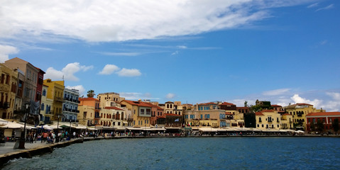 A view of the famous houses on the waterfront of Chania in Crete