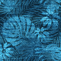 Vector denim exotic leaf seamless pattern. Faded jeans background with tropical plants. Blue jeans cloth background