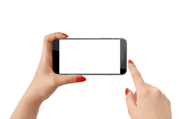 Woman holding smartphone in horizontal position and touching screen, isolated on white background