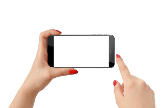 Woman holding smartphone in horizontal position and touching screen, isolated on white background