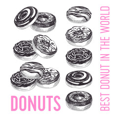 Vector hand drawn set of donuts Illustration.