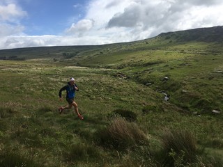 Male runner on grassy moorland trail