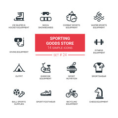 Sporting goods store - modern simple icons, pictograms set