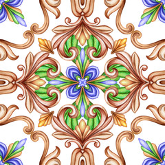 watercolor illustration, abstract decorative background, vintage pattern, medieval acanthus, ceramic tile ornament, kaleidoscope, mandala