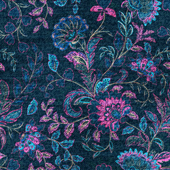 Blue denim with colorful floral print. Vector seamless wallpaper.