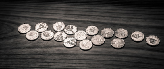 Anniversary lat coins of an old Latvian currency - monochrome vintage look