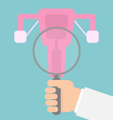 Medical inspection concept. Hand with magnifying glass inspecting ovary. Flat style