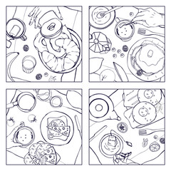 Set of different breakfast, top view. Square illustrations with luncheon. Healthy, fresh brunch drink, pancakes, sandwiches, eggs, croissants and fruits. Black and white hand drawn vector collection.