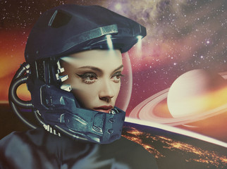 Science fiction, female portrait against fantastic skies