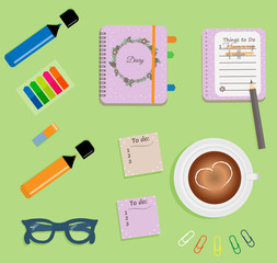 Stationery: Pink day planner spiral-bound with cute polka dots and wreath of flowers, leaves and twigs.Stiсkers. Markers Blue glasses.Pencil.Clips. A cup of coffee with a heart.Vector illustration. 