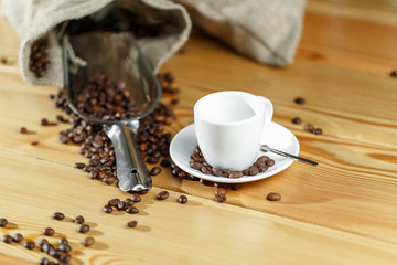 Coffee beans and coffee cup