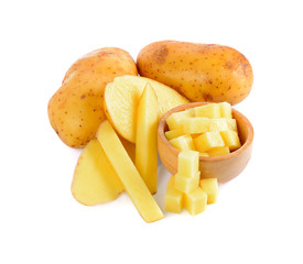 potato slice in wooden bowl isolated  on white background